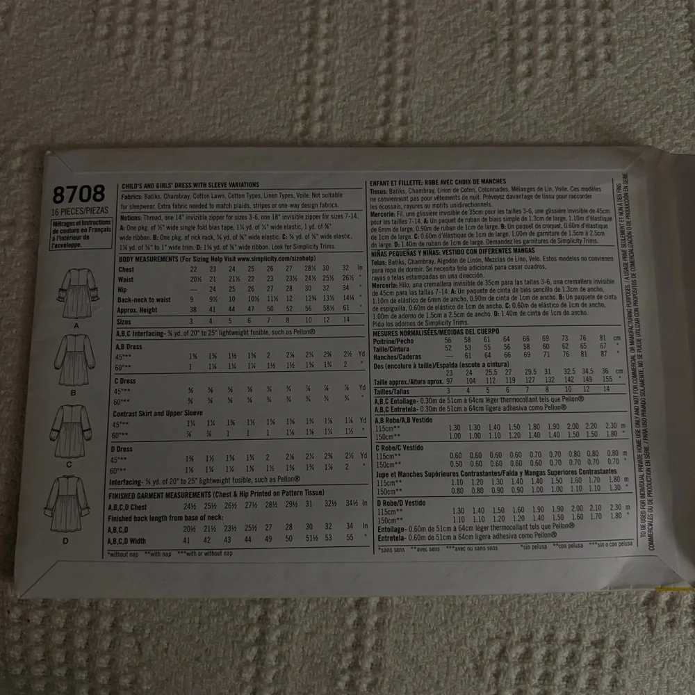 Simplicity Pattern 8708 HH for Child’s Dress